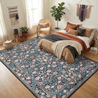 GarveeHome Indigo Blue and Pink Vintage Floral Washable 8x10 Area Rugs for Living Room Boho Retro Rug Low Pile Stain Resistance Non Slip Carpet for Bedroom Nursery Dining Room