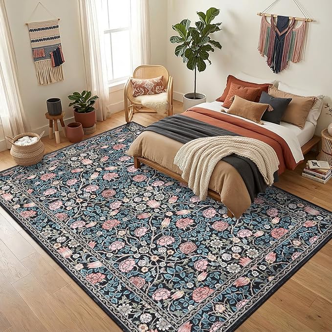 GarveeHome Indigo Blue and Pink Vintage Floral Washable 8x10 Area Rugs for Living Room Boho Retro Rug Low Pile Stain Resistance Non Slip Carpet for Bedroom Nursery Dining Room