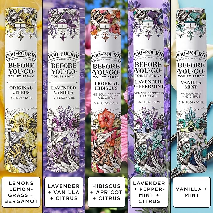 Poo-Pourri Before-You-Go Toilet Spray, Travel Essentials, .34 Fl Oz, In A Pinch Variety 5 Pack, Each Up to 20 Uses, On-The-Go Bathroom Odor Deodorizer with Essential Oils, TSA Approved Size, 5 Scents