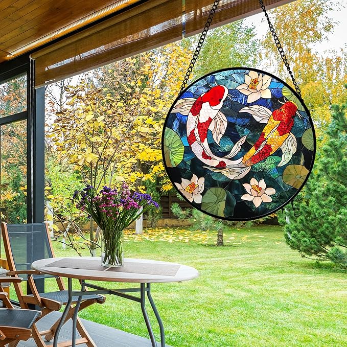 Stained Glass Window Hanging, Koi and Lotus Sun Catcher for Door Home Decor Fish Suncatcher Christmas Mother's Day Birthday Gifts for Women Men Mom and Nana 9.8 in