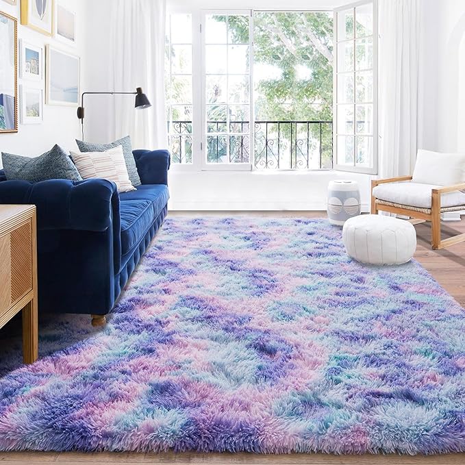 Rugs for Living Room 6x9, Soft Shaggy Modern Shag Area Rug for Bedroom, Upgrade Non-Slip Plush Fluffy Carpet for Kids Boys Girls Room Home Decor Aesthetic, Rainbow Purple
