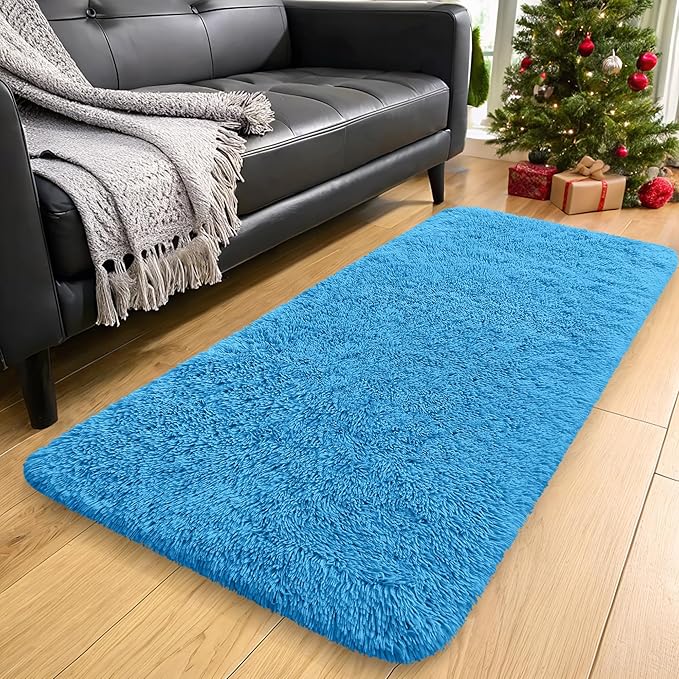 OLANLY 2x8 Machine Washable Runner Rugs for Hallway, Soft Fluffy Shaggy Bedside Rugs for Bedroom, Living Room, Indoor Floor Carpet for Kids Girls and Boys, Home Decor Aesthetic, Bright Blue