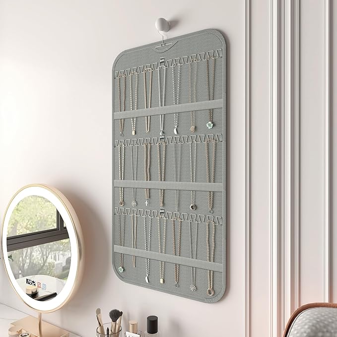 Hanging Jewelry Organizer Storage, 40 Pockets 36 Hooks Necklace Earring Necklace Bracelet Ring Organizer, Double - Sided Design, Grey
