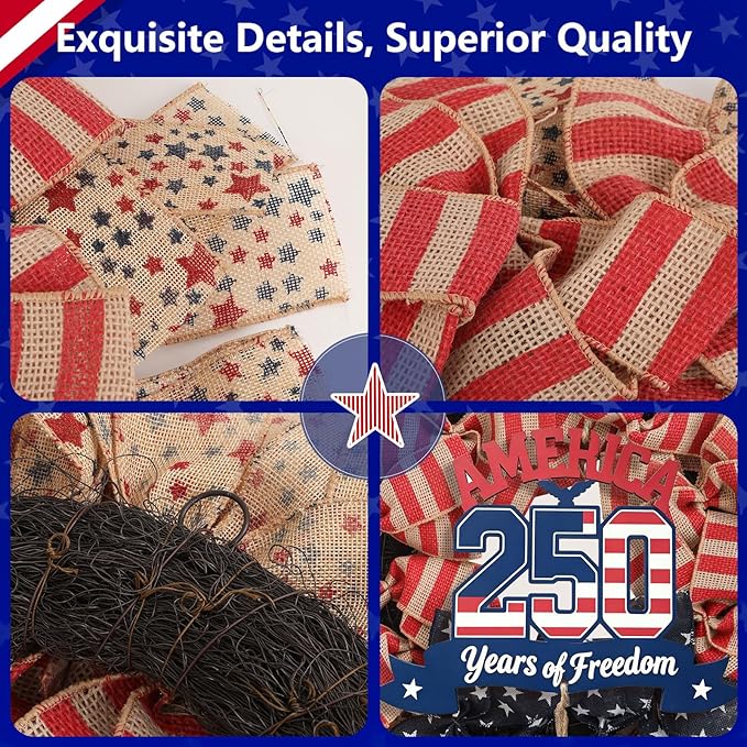 24Inch 4th of July Wreath, Patriotic Burlap Wreath for Front Door,Stripe and Stars Wreaths for USA 250th Anniversary, Memorial Day American Flag Printed Decorations for Outdoor (Flag Wreath)