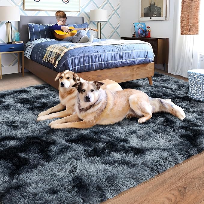 Rugs for Living Room 9x12, Soft Shaggy Modern Shag Area Rug for Bedroom, Upgrade Non-Slip Plush Fluffy Carpet for Kids Boys Girls Room Home Decor Aesthetic, Blue Grey