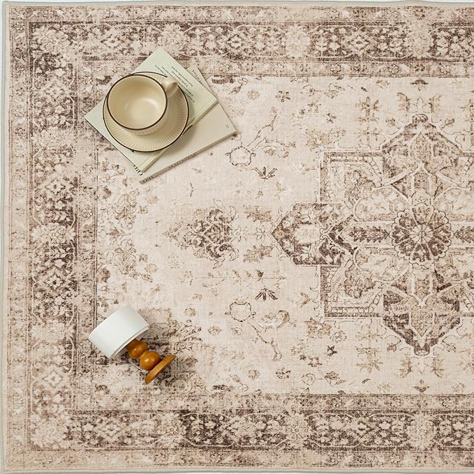 Brown 5x7 Area Rug Washable Vintage Living Room Carpet Non Slip Retro Distressed Low Pile Soft Oriental Medallion Thin Throw Rug for Kitchen Bathroom Office Bedroom Dining Room