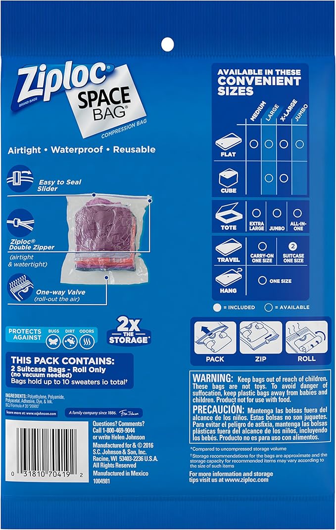 Ziploc Space Bag Clothes Vacuum Sealer Storage Bags for Home and Closet Organization, Travel, 2 Bags Total
