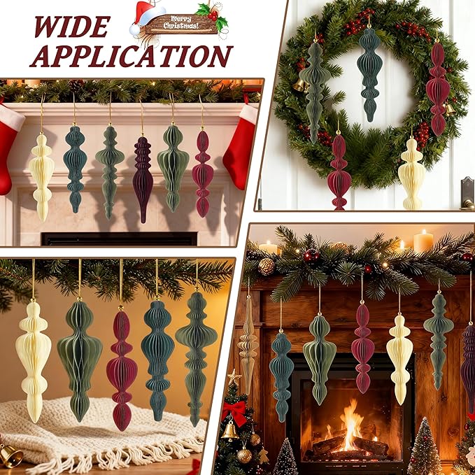 12Pcs Finial Christmas Ornaments for Tree, 3D Paper Honeycomb Hanging Decorations Neutral Boho Christmas Honeycomb Ornaments Lanterns for Xmas Tree Winter Wedding New Year Holiday Party Home Decor