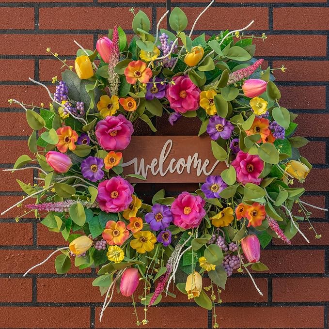 Pinkpuii Spring Wreaths for Front Door Outside – 24 Inch Artificial Tulip & Wildflower Summer Wreath with Green Eucalyptus Leaves and Welcome Sign- Indoor Outdoor Farmhouse Home Porch Wall Decor