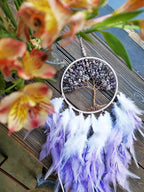 Dream Catchers, Purple Dream Catcher Tree of Life Wall Decor, with Natural Healing Crystal Stone, Perfect Handmade Dreamlike Crystal Dream Catcher for Bedroom Art Craft Gift