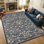 GarveeHome Indigo Blue and Pink Vintage Floral Washable 8x10 Area Rugs for Living Room Boho Retro Rug Low Pile Stain Resistance Non Slip Carpet for Bedroom Nursery Dining Room