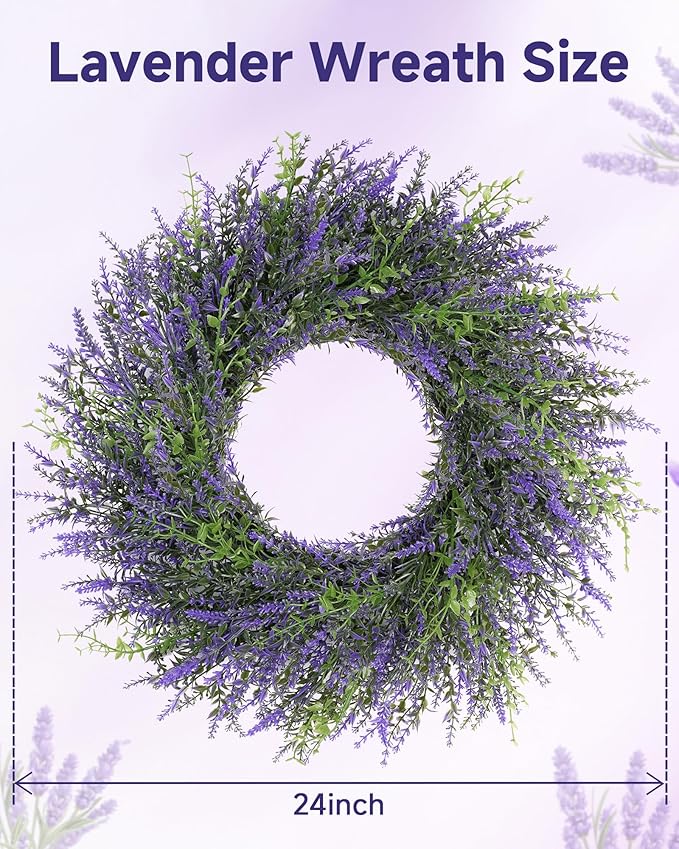 DDHS 24inch Lavender Wreath for Front Door, Window, Porch, Spring Summer Artificial Wreaths All Seasons Farmhouse Indoor Outdoor Decor-pulpre