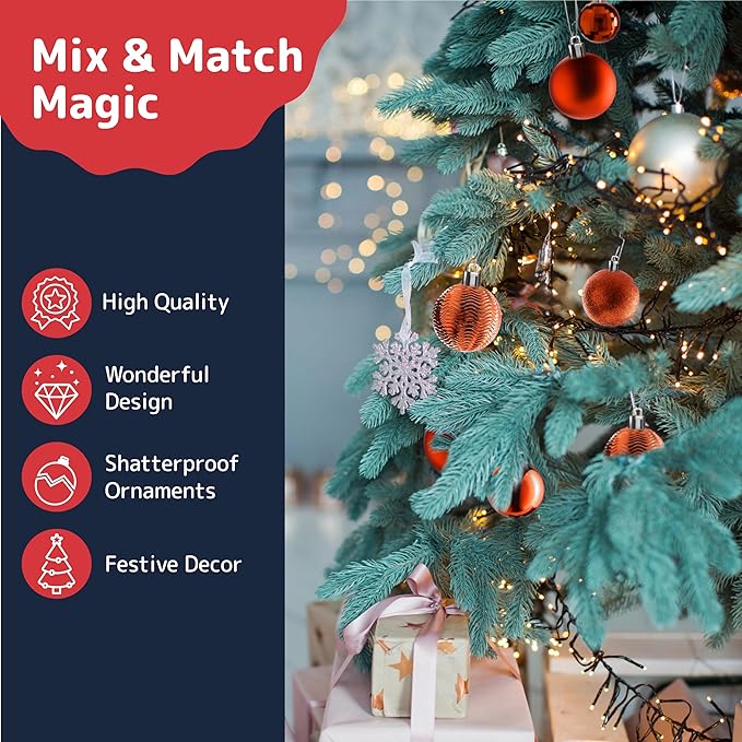 PREXTEX 36 Piece Christmas Ornaments Set - Copper Orange Ornament Balls with 3 Sizes and 6 Styles - Durable, Shatterproof Christmas Bulb Ornaments for Trees, Wreaths, Garlands, and Holiday Decorations