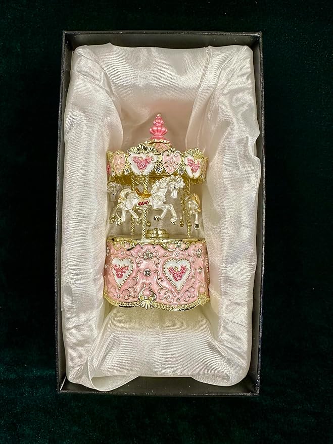 Carousel Music Box Figurine Pink Enamel, Rose Accents, Golden Details, Ideal Home Decor & Gift Giving