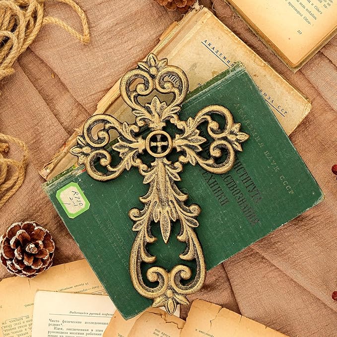 Sungmor Vintage Cast Iron Cross Wall Decor, 9.8" Tall Heavy Duty Rustic Gold Finish Wall Sculpture,Ornate Metal Art Farmhouse Home Decor