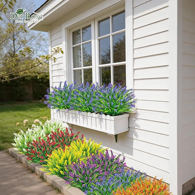 Der Rose 24 Bundles Artificial Flowers for Outdoors Fake Lavender Flowers UV Resistant Faux Plants Monkey Grass for Garden Porch Fence Patio Window Box Decor（Colorful）
