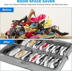Under Bed Shoe Storage Organizer Set of 2, Fits 16+4 Pairs Boots Total, Underbed Shoe Box Storage Containers w/ Reinforced Handles, Clear Foldable Shoes Organizer Adjustable Dividers w/ Bottom Support