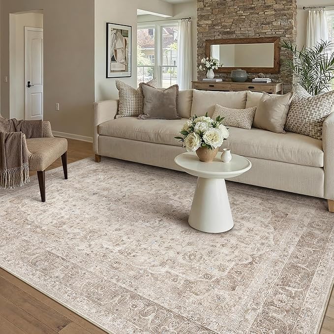 Beige Area Rug 5x7 for Living Room Washable Vintage Carpet Low Pile Non Slip Distressed Soft Traditional Retro Oriental Large Accent Throw Rug Office Kitchen Bedroom Bathroom Dining Room