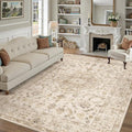 8x10 Beige Area Rug Washable Living Room Vintage Carpet Bedroom Distressed Large Non Slip Low Pile Thin Dining Room Office Medallion Accent Throw Rug