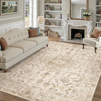8x10 Beige Area Rug Washable Living Room Vintage Carpet Bedroom Distressed Large Non Slip Low Pile Thin Dining Room Office Medallion Accent Throw Rug