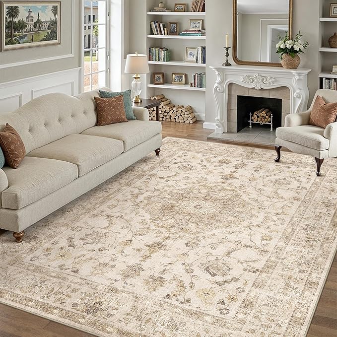 5x7 Beige Area Rug Washable Living Room Vintage Carpet Bedroom Distressed Non Slip Low Pile Thin Dining Room Office Medallion Accent Throw Rug