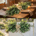 26" Farmhouse Olive Leaf Greenery Swag with Premium Burlap Bow, Realistic Faux Olive Branch Door Decor for Front Door, Wall, Mantel, Table, Kitchen, Bathroom, Weddings & Seasonal Styling, Green 2Pcs