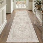 Beige Runner Rug 2'6"x12' Washable Vintage Carpet Hallway Kitchen Soft Retro Low Pile Thin Indoor Bedroom Non Slip Oriental Medallion Long Throw Rug for Bathroom Laundry Dining Room