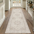 Beige Runner Rug 2'6"x10' Washable Vintage Carpet Hallway Kitchen Soft Retro Low Pile Thin Indoor Bedroom Non Slip Oriental Medallion Long Throw Rug for Bathroom Laundry Dining Room