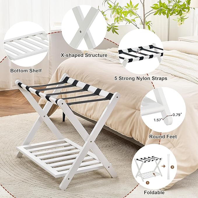 Fully Assembled Luggage Rack for Guest Room, Bamboo Foldable Suitcase Stand with Storage Shelf, Luggage Stand with 5 Nylon Straps, Luggage Holders for Guest Room Bedroom Hotel, White, 1 Pack