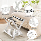 Fully Assembled Luggage Rack for Guest Room, Bamboo Foldable Suitcase Stand with Storage Shelf, Luggage Stand with 5 Nylon Straps, Luggage Holders for Guest Room Bedroom Hotel, White, 1 Pack