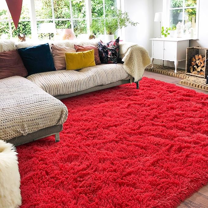 Rugs for Living Room 6x9, Soft Shaggy Modern Shag Area Rug for Bedroom, Upgrade Non-Slip Plush Fluffy Carpet for Kids Boys Girls Room Home Decor Aesthetic, Red