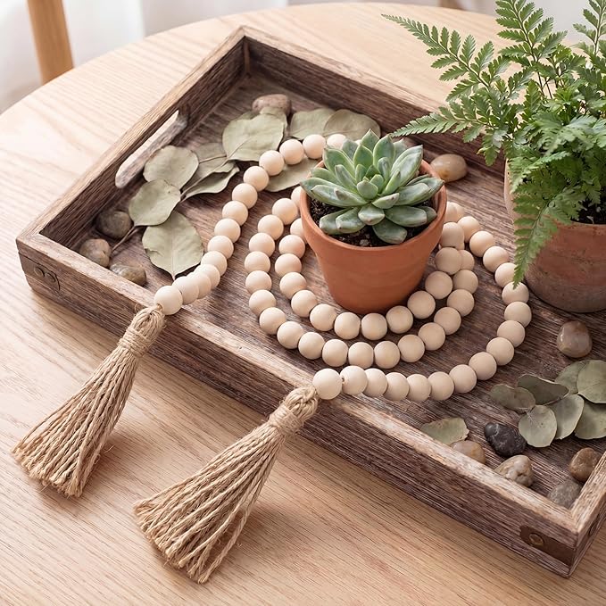 58in Wood Bead with Tassels – Boho Farmhouse Decor for Wall, Vase, Tray – Handmade Wooden Beads Home Decor