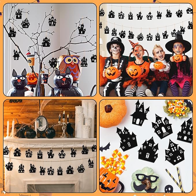 Haooryx Halloween Haunted House Wooden Ornaments - 36 Pcs Black Eerie Haunted House Themed Pendants Wood Craft Gift Tags Hanging Ornament with Ropes for Halloween Party Haunted House Decoration Supply