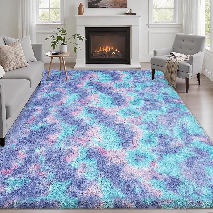 Fluffy 4x6 Area Rugs for Living Room Bedroom: Ultra Soft Shag Rug Non-Slip Non-Shedding Small Plush Bedside Rug Indoor Floor Carpets for Kids Room Playroom Entryway Nursery Dorms Home Rainbow Purple