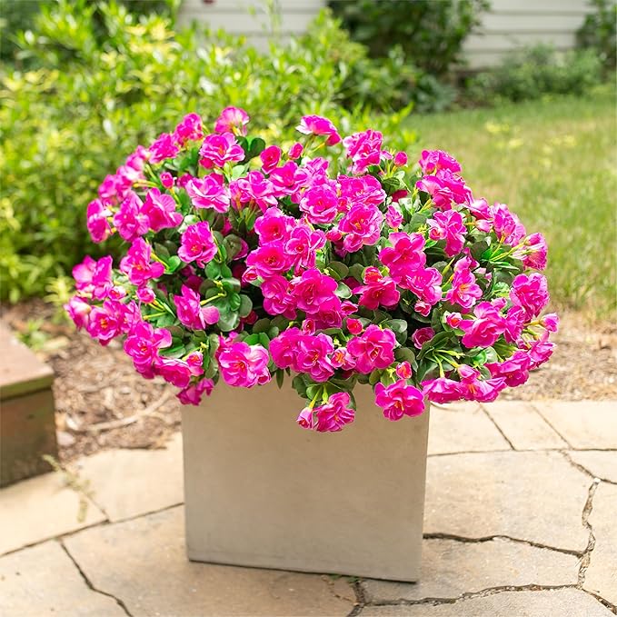HyeFlora Artificial Faux Outdoor Flowers Plants for Spring Summer Decoration, Fake Silk Fuchsia Camellia UV Resistant Look Real for Planter Outside Front Door Porch Patio Balcony, 3 Large Bundles