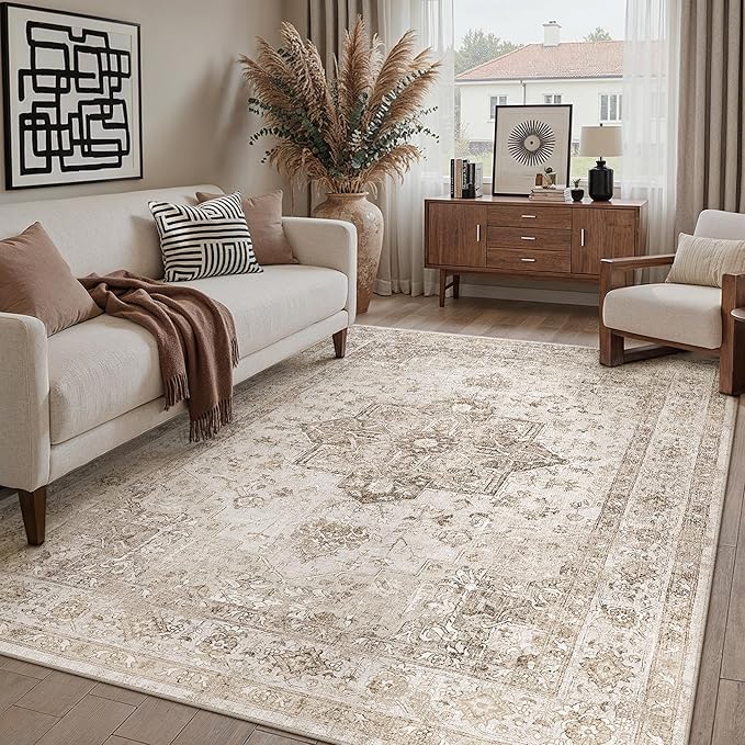 Taupe 5x7 Area Rug Washable Vintage Living Room Carpet Non Slip Retro Distressed Low Pile Soft Oriental Medallion Thin Throw Rug for Kitchen Bathroom Office Bedroom Dining Room