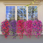 Artificial Hanging Petunias Flowers for Outdoor, 2pcs Fake Plants Long Vine Morning Glory Eucalyptus, UV Resistant Realistic Faux Greenery Indoor Outside Patio Porch Garden Spring Summer Decor, Purple