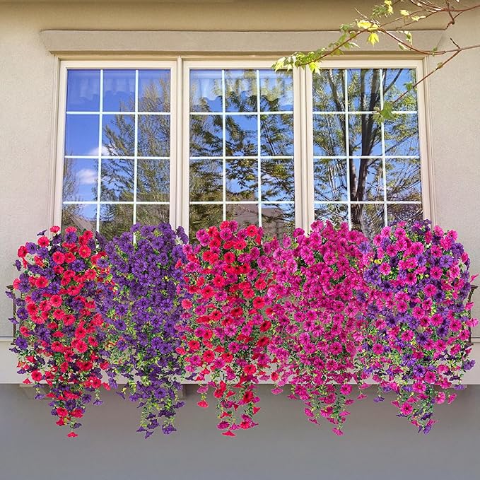 Artificial Hanging Petunias Flowers for Outdoor, 2pcs Fake Plants Long Vine Morning Glory Eucalyptus, UV Resistant Realistic Faux Greenery Indoor Outside Patio Porch Garden Spring Summer Decor, Purple
