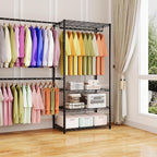 ecobedding Heavy Duty Garment Rack, 1000LBS Max Load Freestanding Closet Organizer with 6 Storage Shelves & 3 Adjustable Hanging Rods, Multifunctional, Glossy Black, 15.75" D x 70-88.5" W x 76.5" H