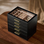 pickpiff Jewelry Box Organizer Case for Women: 5-Layer Jewelry Storage Case with Glass Window, Black Leather with Blush Velvet, Holder for Ring Necklace Bracelet Brooch Watch, Great Gift for Her