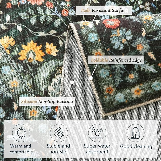 Vintage Botanical Dark Green Area Rug 6x9 Elegant Floral Pattern, Durable Stain-Resistant Fabric, Perfect for Living Room, Bedroom, Dining Room Decor