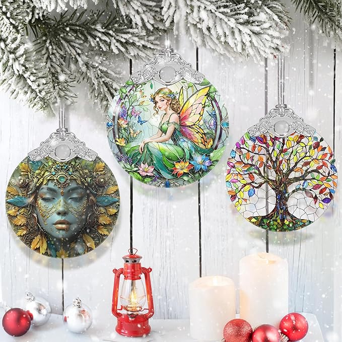 Jocidea Vintage Fairy Stained Glass Hanging Decor - Christmas Tree Ornaments & Decorations - Gifts for Women, Mom