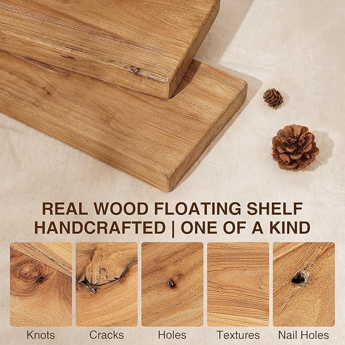 Dreamland 48" Solid Elm Wood Floating Shelves, 8" Deep Wall Shelves for Home Decor, Floating Shelf with Invisible Bracket, Heavy-Duty Display Shelf - for Living Room, Kitchen, Bathroom, Set of 1