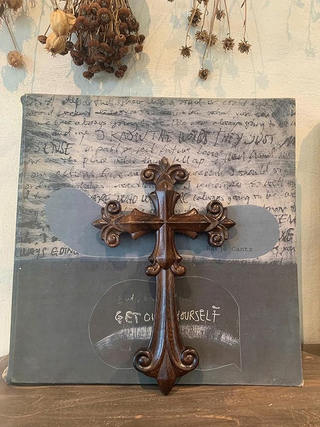 DAICAT - Hand-carved Cross, Wood Cross for Wall 9.8 Inch, Cross Wall Decor for Home, Rustic Crucifix Gift for Mom and Dad, Hand made Mother's Day Gifts for Mom, Wife, Sister, Grandma (No 2)