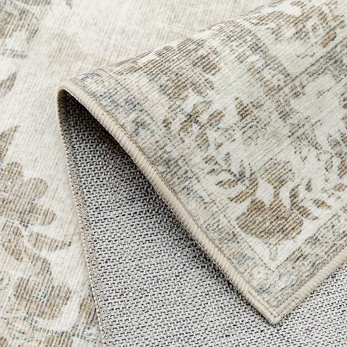 9x12 Area Rug Beige Washable Vintage Distressed Living Room Carpet Large Bedroom Indoor Medallion Floral Non Slip Retro Throw Floor Mat for Office Dining Room Kitchen Bathroom