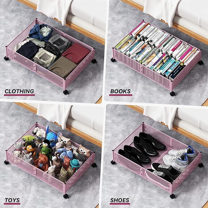Under the Bed Storage Containers with Wheels, Under Bed Storage, Under Bed Shoe Storage Organizer Drawer, Tool-free Assembly Metal Underbed Storage Containers -Pink