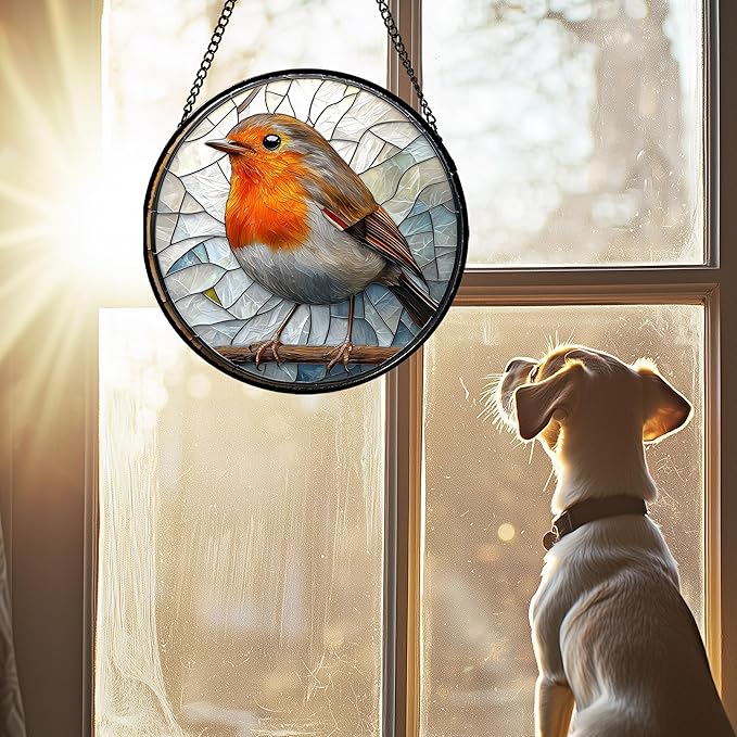 Stained Glass Window Hanging - Orange Grey Robin Sun Catcher for Door Garden Home Decor Bird Lovers Suncatcher Christmas Mother's Day Birthday Gifts for Women Men Mom Nana 6.3 in