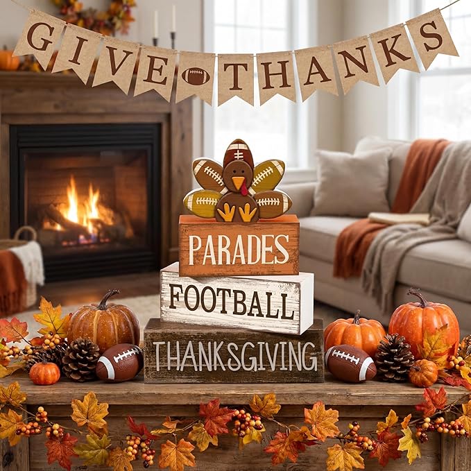 Lineshading 4 Pcs Fall Table Decorations for Home Thanksgiving Football Turkey Wooden Stacked Sign Decor Thanksgiving Tiered Tray Decor Rustic Wooden Football Turkey Block Sign for Harvest Party Shelf