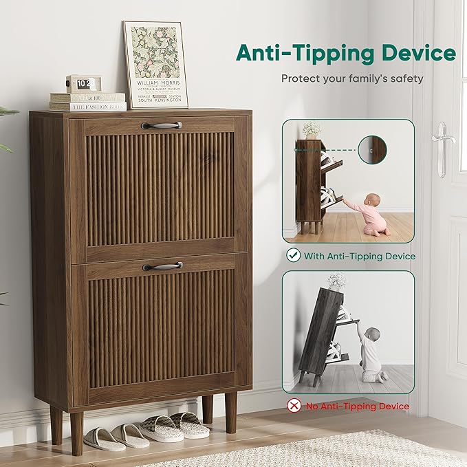 Smuxee Walnut Shoe Cabinet with 2 Flip Drawers, 23.6" Hidden Shoe Storage Cabinet with Small Fluted Doors, Freestanding Shoe Organizer Cabinet for Entryway, Hallway, Living Room