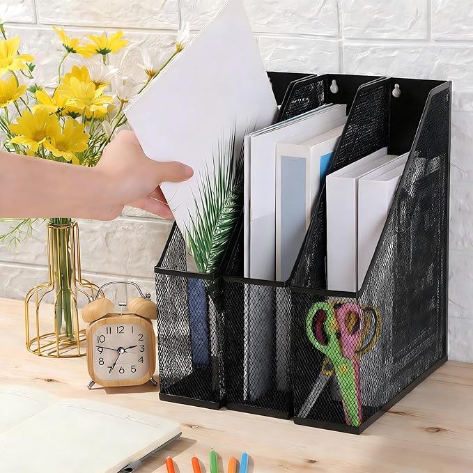 Sliner 4 Pack Metal Magazine Holder Black Mesh Steel Document Rack 1 Section File Organizer Extra Wide Magazine Folder Storage Desk Tidy for Office Home, 12.6”x 9.8”x 3”